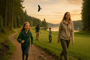 Golfers enjoying a sunny afternoon at Port Ludlow Golf and Recreation with forested hills and marina views in the background.