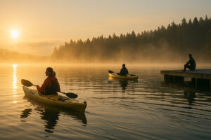 Golfers enjoying a sunny afternoon at Port Ludlow Golf and Recreation with forested hills and marina views in the background.