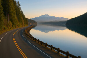 Scenic coastal road and forested landscape perfect for exploring scenic day trips from Port Ludlow, Washington.