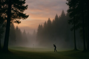 Golfers enjoying a sunny afternoon at Port Ludlow Golf and Recreation with forested hills and marina views in the background.