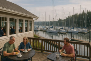 Golfers enjoying a sunny afternoon at Port Ludlow Golf and Recreation with forested hills and marina views in the background.