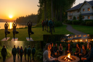 Golfers enjoying a sunny afternoon at Port Ludlow Golf and Recreation with forested hills and marina views in the background.