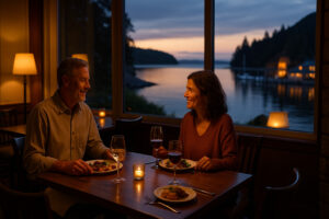 Golfers enjoying a sunny afternoon at Port Ludlow Golf and Recreation with forested hills and marina views in the background.