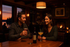 Golfers enjoying a sunny afternoon at Port Ludlow Golf and Recreation with forested hills and marina views in the background.