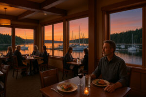 Golfers enjoying a sunny afternoon at Port Ludlow Golf and Recreation with forested hills and marina views in the background.