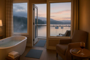Golfers enjoying a sunny afternoon at Port Ludlow Golf and Recreation with forested hills and marina views in the background.