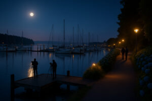 Golfers enjoying a sunny afternoon at Port Ludlow Golf and Recreation with forested hills and marina views in the background.