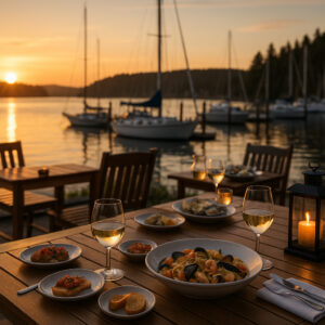 Golfers enjoying a sunny afternoon at Port Ludlow Golf and Recreation with forested hills and marina views in the background.