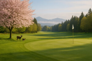 Golfers enjoying a sunny afternoon at Port Ludlow Golf and Recreation with forested hills and marina views in the background.