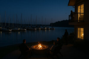 Golfers enjoying a sunny afternoon at Port Ludlow Golf and Recreation with forested hills and marina views in the background.