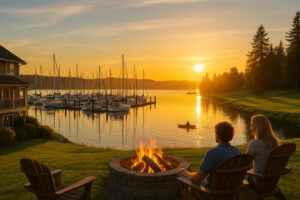 Golfers enjoying a sunny afternoon at Port Ludlow Golf and Recreation with forested hills and marina views in the background.