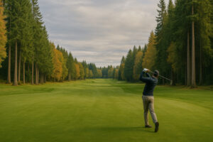 Golfers enjoying a sunny afternoon at Port Ludlow Golf and Recreation with forested hills and marina views in the background.