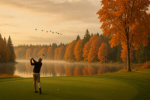 Golfers enjoying a sunny afternoon at Port Ludlow Golf and Recreation with forested hills and marina views in the background.