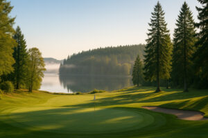 Golfers enjoying a sunny afternoon at Port Ludlow Golf and Recreation with forested hills and marina views in the background.