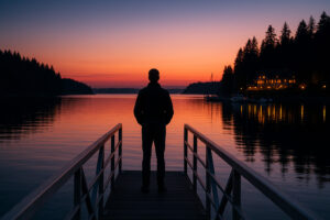 Golfers enjoying a sunny afternoon at Port Ludlow Golf and Recreation with forested hills and marina views in the background.