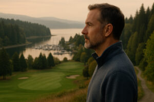 Golfers enjoying a sunny afternoon at Port Ludlow Golf and Recreation with forested hills and marina views in the background.