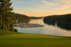 Golfers enjoying a sunny afternoon at Port Ludlow Golf and Recreation with forested hills and marina views in the background.