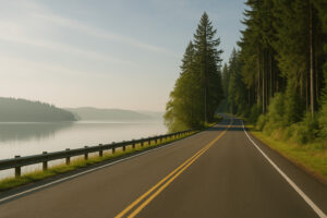 Golfers enjoying a sunny afternoon at Port Ludlow Golf and Recreation with forested hills and marina views in the background.