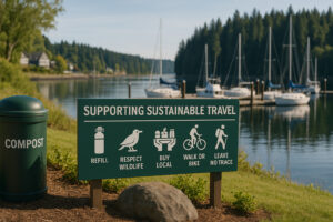 Golfers enjoying a sunny afternoon at Port Ludlow Golf and Recreation with forested hills and marina views in the background.