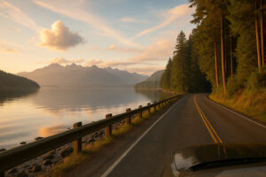 Scenic coastal road and forested landscape perfect for exploring scenic day trips from Port Ludlow, Washington.