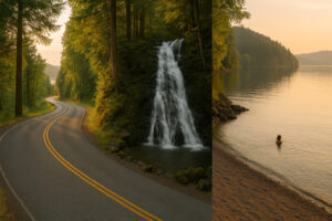 Scenic coastal road and forested landscape perfect for exploring scenic day trips from Port Ludlow, Washington.