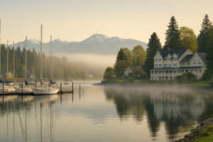 Waterfront view of the marina and the Inn at Port Ludlow, one of the best hotels in Port Ludlow, Washington.