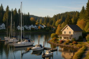 Waterfront view of the marina and the Inn at Port Ludlow, one of the best hotels in Port Ludlow, Washington.
