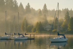 Waterfront view of the marina and the Inn at Port Ludlow, one of the best hotels in Port Ludlow, Washington.