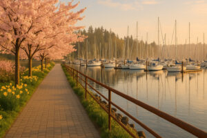 Waterfront view of the marina and the Inn at Port Ludlow, one of the best hotels in Port Ludlow, Washington.