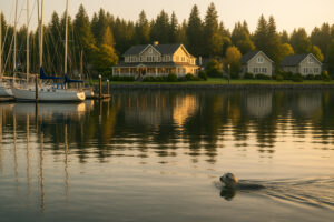 Waterfront view of the marina and the Inn at Port Ludlow, one of the best hotels in Port Ludlow, Washington.