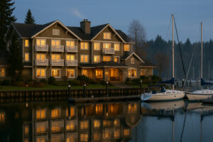 Waterfront view of the marina and the Inn at Port Ludlow, one of the best hotels in Port Ludlow, Washington.