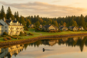 Waterfront view of the marina and the Inn at Port Ludlow, one of the best hotels in Port Ludlow, Washington.
