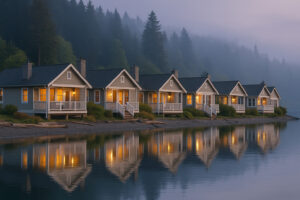 Waterfront view of the marina and the Inn at Port Ludlow, one of the best hotels in Port Ludlow, Washington.