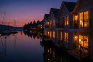 Waterfront view of the marina and the Inn at Port Ludlow, one of the best hotels in Port Ludlow, Washington.