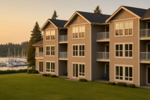 Waterfront view of the marina and the Inn at Port Ludlow, one of the best hotels in Port Ludlow, Washington.