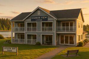 Waterfront view of the marina and the Inn at Port Ludlow, one of the best hotels in Port Ludlow, Washington.