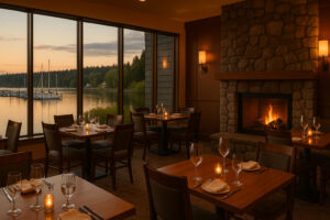 Waterfront view of the marina and the Inn at Port Ludlow, one of the best hotels in Port Ludlow, Washington.