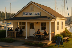 Waterfront view of the marina and the Inn at Port Ludlow, one of the best hotels in Port Ludlow, Washington.
