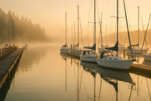 Waterfront view of the marina and the Inn at Port Ludlow, one of the best hotels in Port Ludlow, Washington.