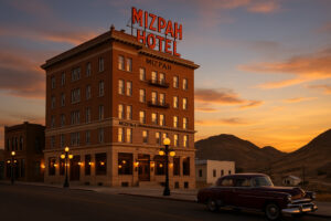 Visitors exploring historic and cultural experiences in Nevada, including old mining towns, museums, and Native heritage sites under desert skies