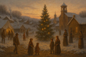 Snow-covered streets decorated with lights and carolers in period costumes celebrating Victorian Christmas in Nevada City.