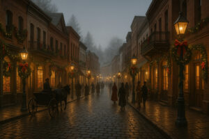 Snow-covered streets decorated with lights and carolers in period costumes celebrating Victorian Christmas in Nevada City.