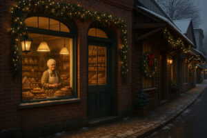 Snow-covered streets decorated with lights and carolers in period costumes celebrating Victorian Christmas in Nevada City.