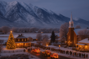 Locals enjoying festive traditions in Northern Nevada towns with holiday lights, music, and winter street celebrations