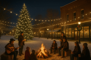 Locals enjoying festive traditions in Northern Nevada towns with holiday lights, music, and winter street celebrations