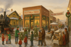 Locals enjoying festive traditions in Northern Nevada towns with holiday lights, music, and winter street celebrations