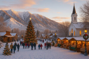Locals enjoying festive traditions in Northern Nevada towns with holiday lights, music, and winter street celebrations