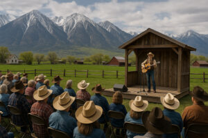Riders on horseback following cowboy heritage trails Nevada, surrounded by open rangeland and mountain scenery.