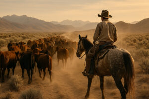 Riders on horseback following cowboy heritage trails Nevada, surrounded by open rangeland and mountain scenery.