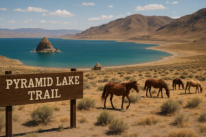 Riders on horseback following cowboy heritage trails Nevada, surrounded by open rangeland and mountain scenery.